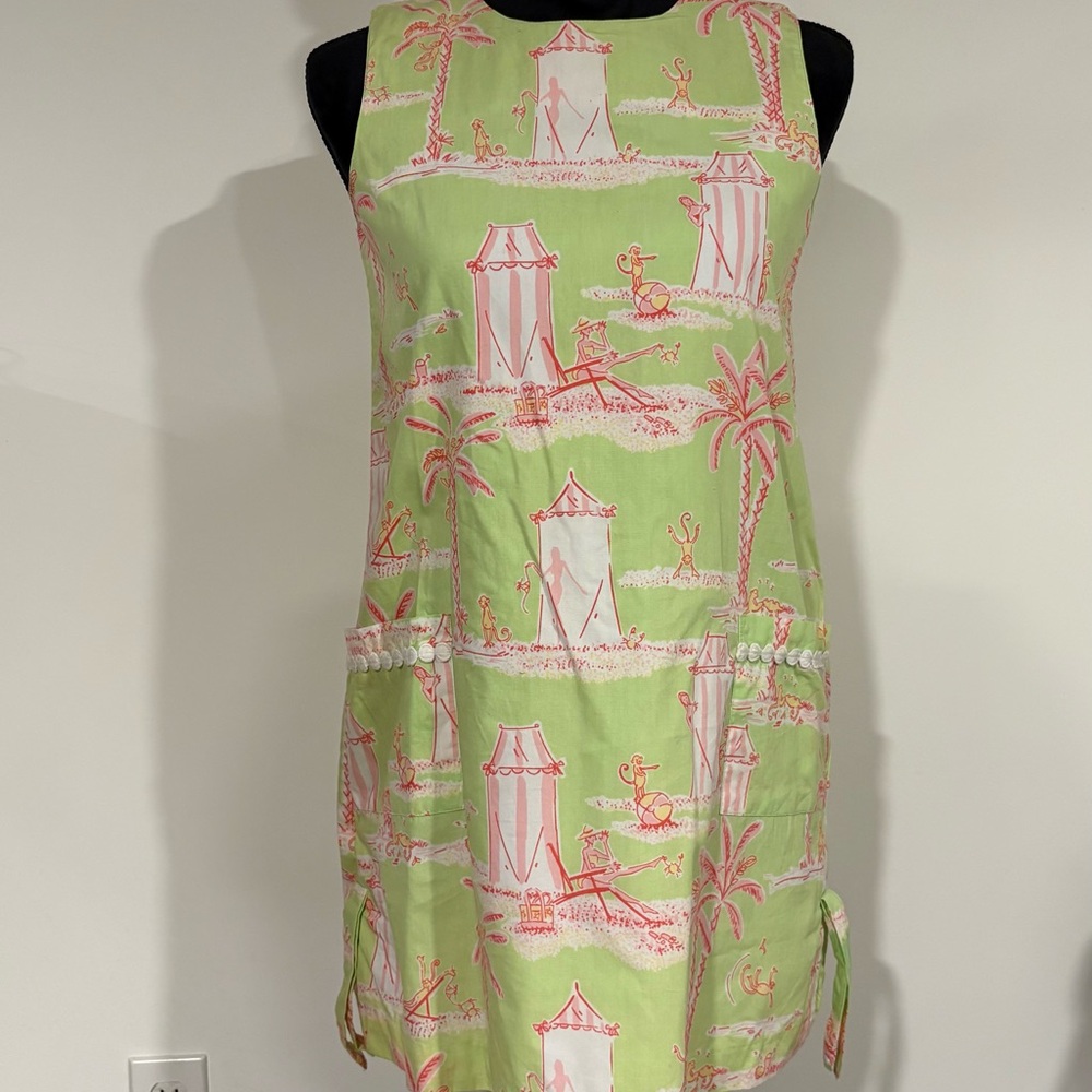 Lilly Pulitzer girls Vibrant Green & Pink monkey palm tree print Shift Dress 14 - Picture 2 of 7